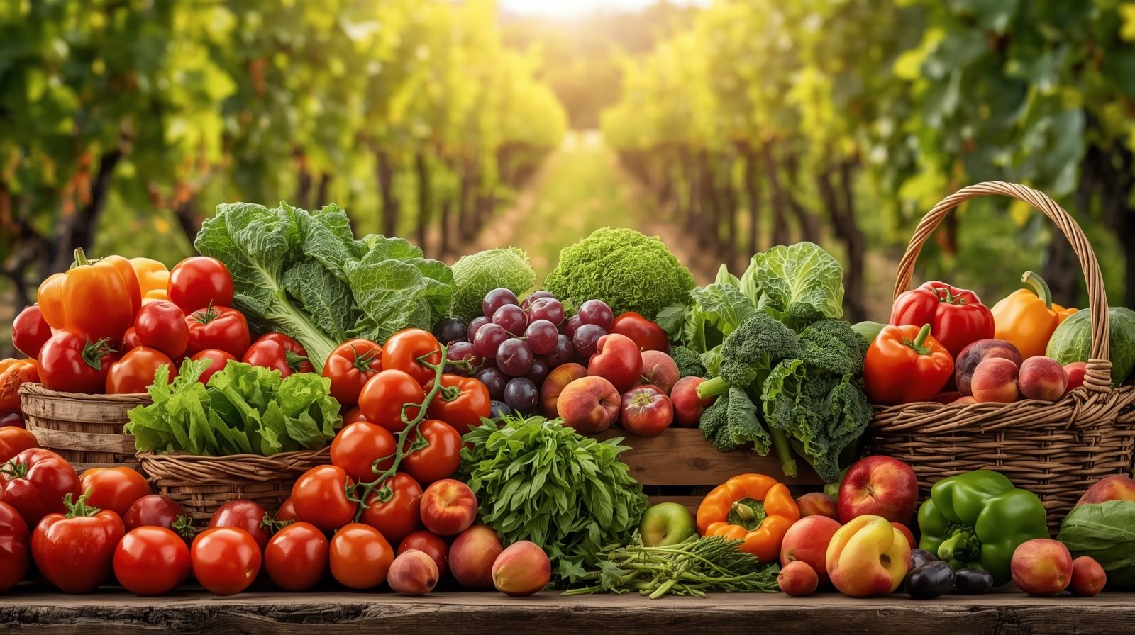 Seasonal fruits and vegetables for sale at a vineyard farm market