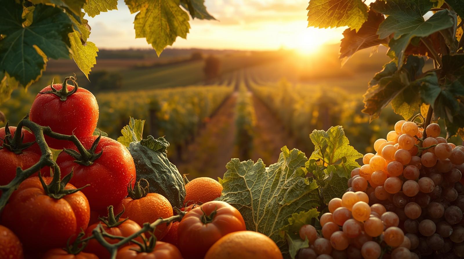 Colorful display of fresh produce at vineyard sale with vineyard view